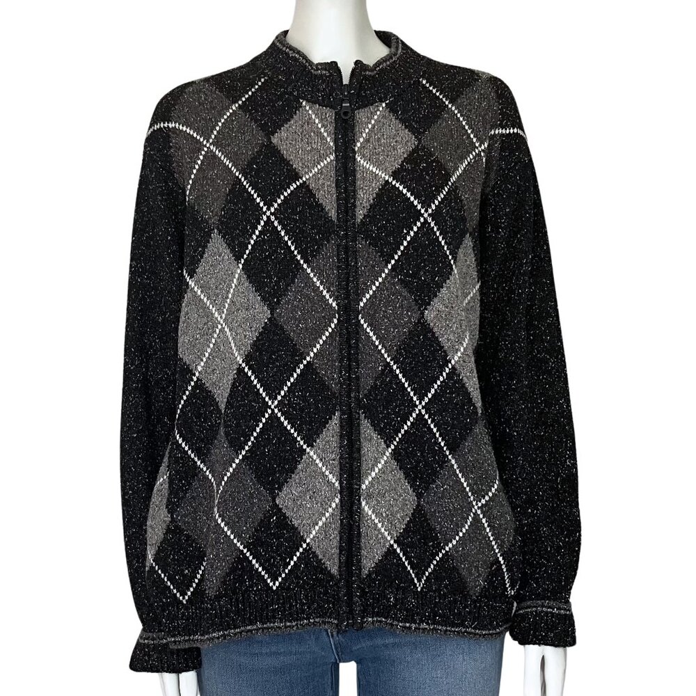 EP Pro Silk Wool Blend Argyle Full Zip Up Sweater. Large. Preppy Golf Gray Black